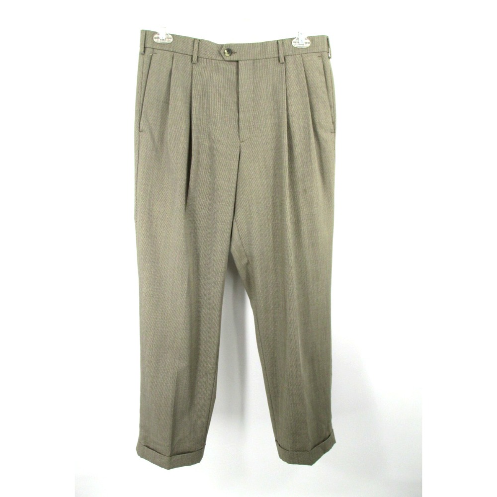 Dockers Premium Pleated Relaxed Dress Pants Tan Men W34 X L32 Houndstooth Wool
